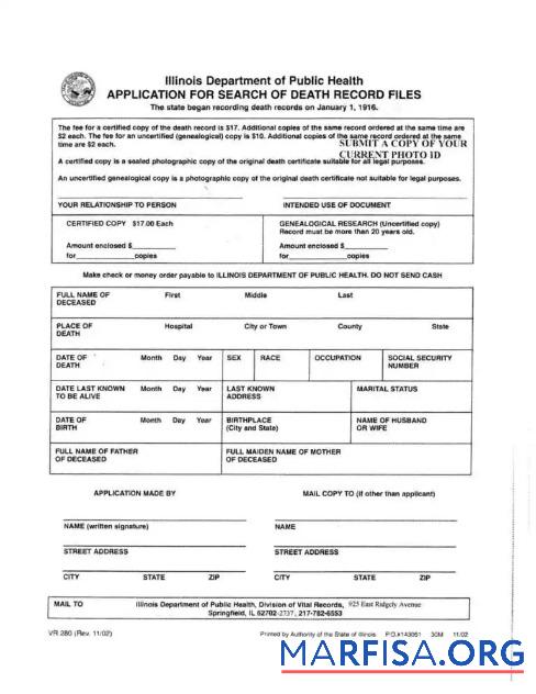 Blank USA Illinois Department of public health death certificate download for verification
